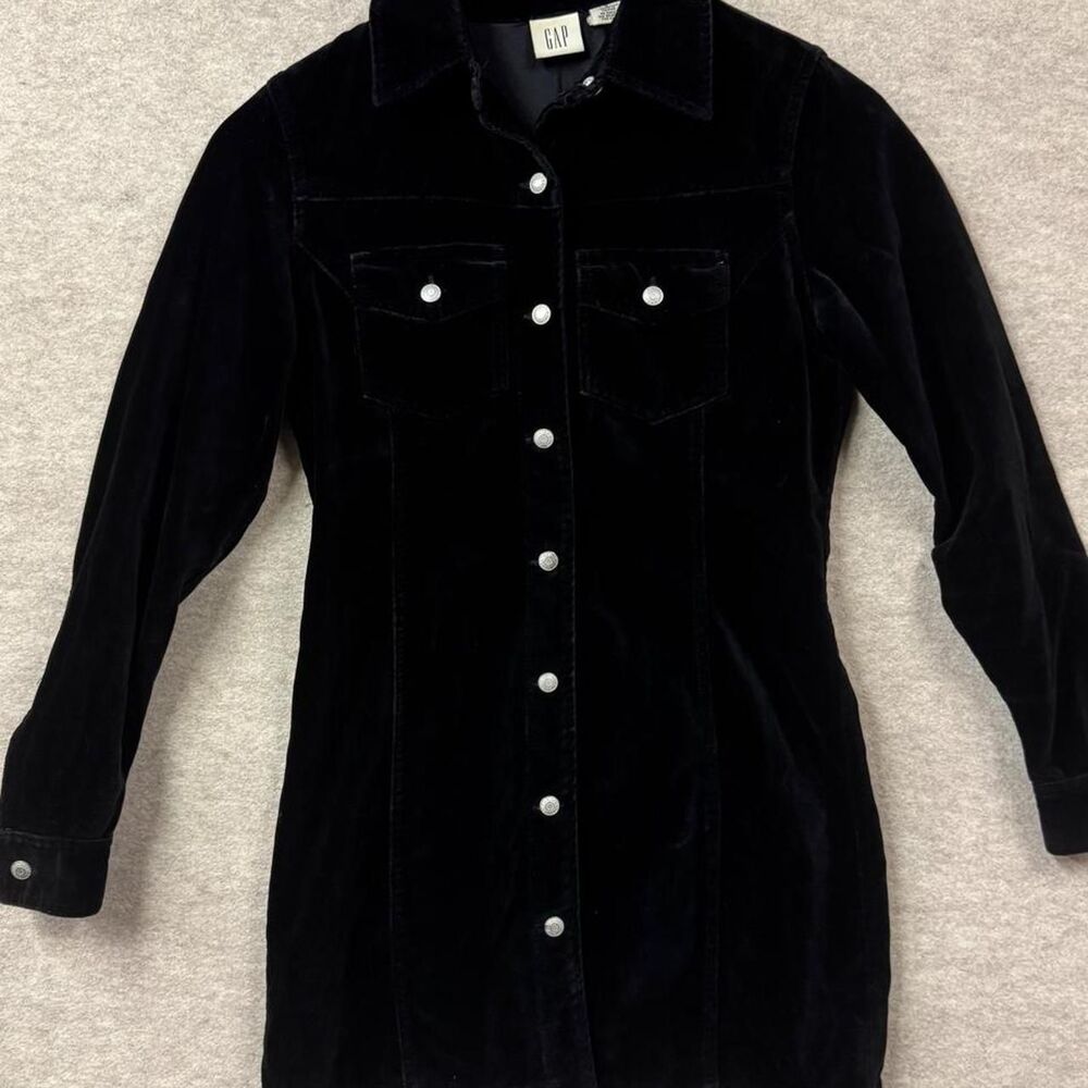 Vintage GAP Black Velvet Shirt Dress Long Sleeve Y2K Whimsigoth Goth Mini Size 2
